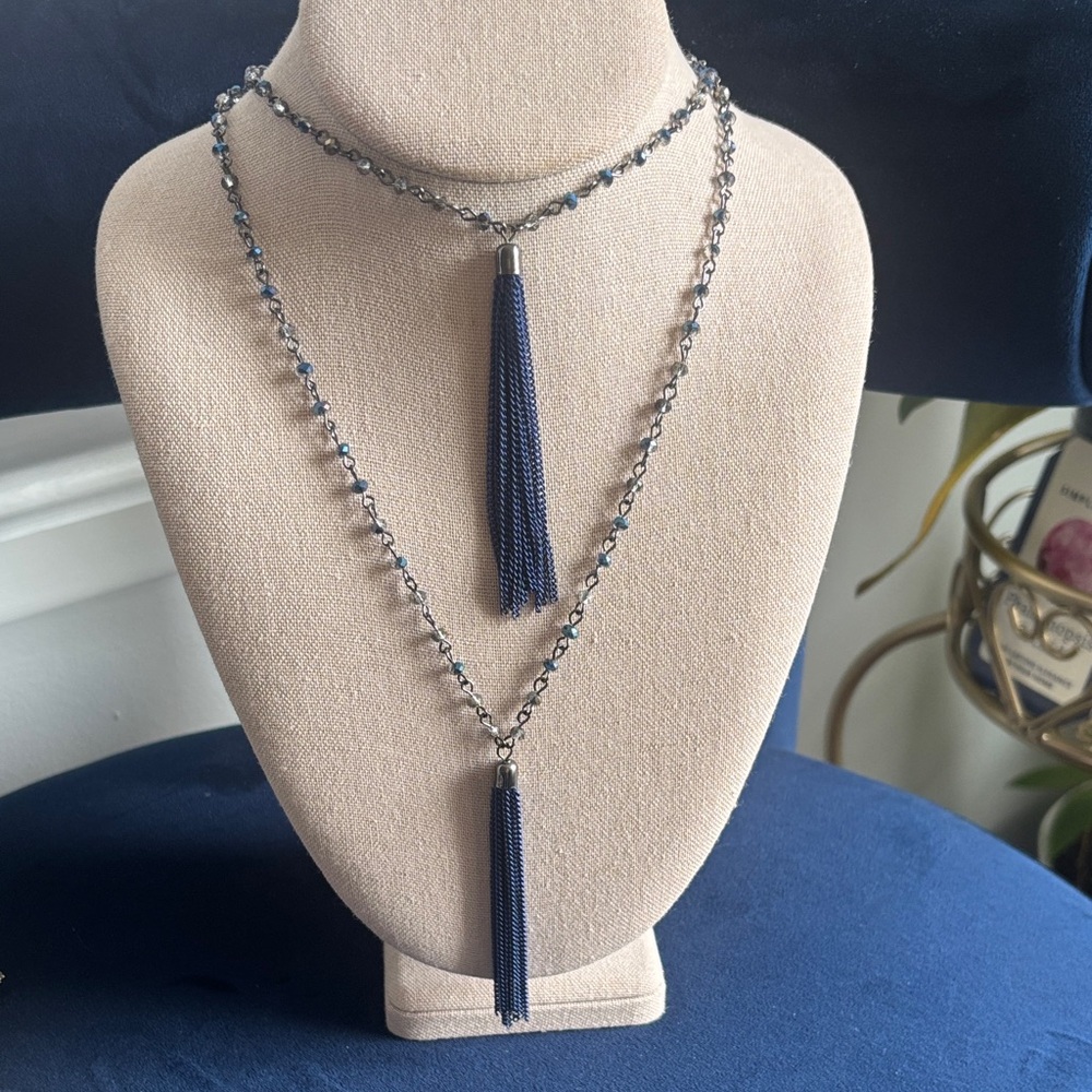 Steve Madden Navy Layered Tassel Necklace - Women Jewelry